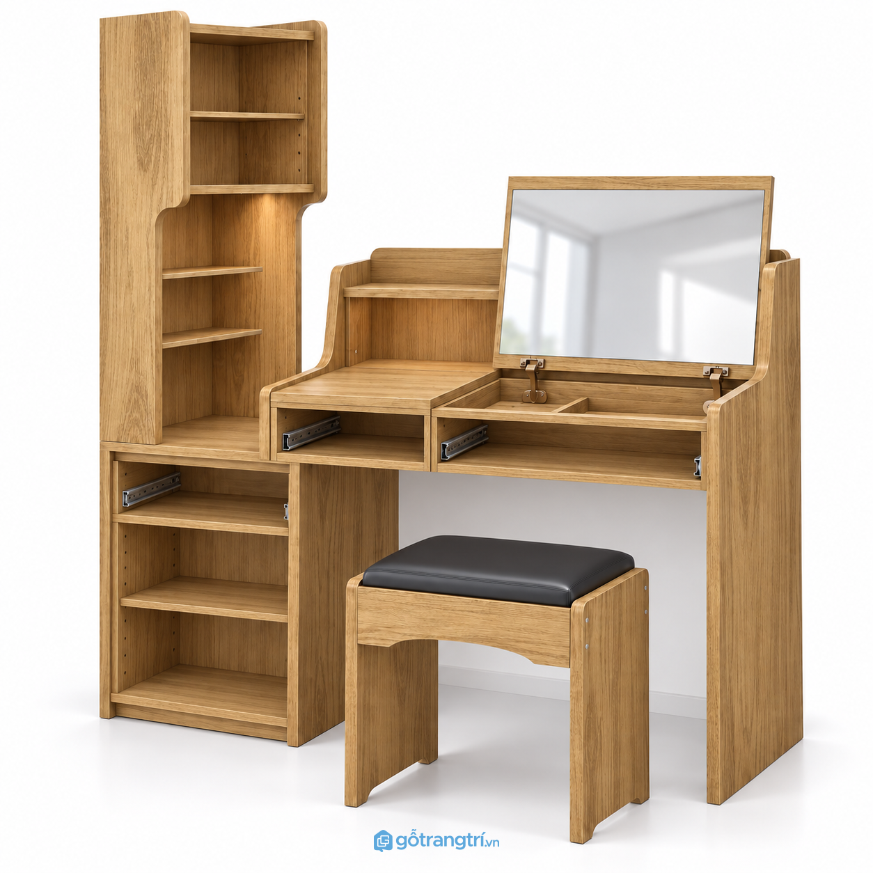 Bàn trang điểm liền tủ kính màu gỗ sáng GHS-4043 - hình ảnh thực tế 1