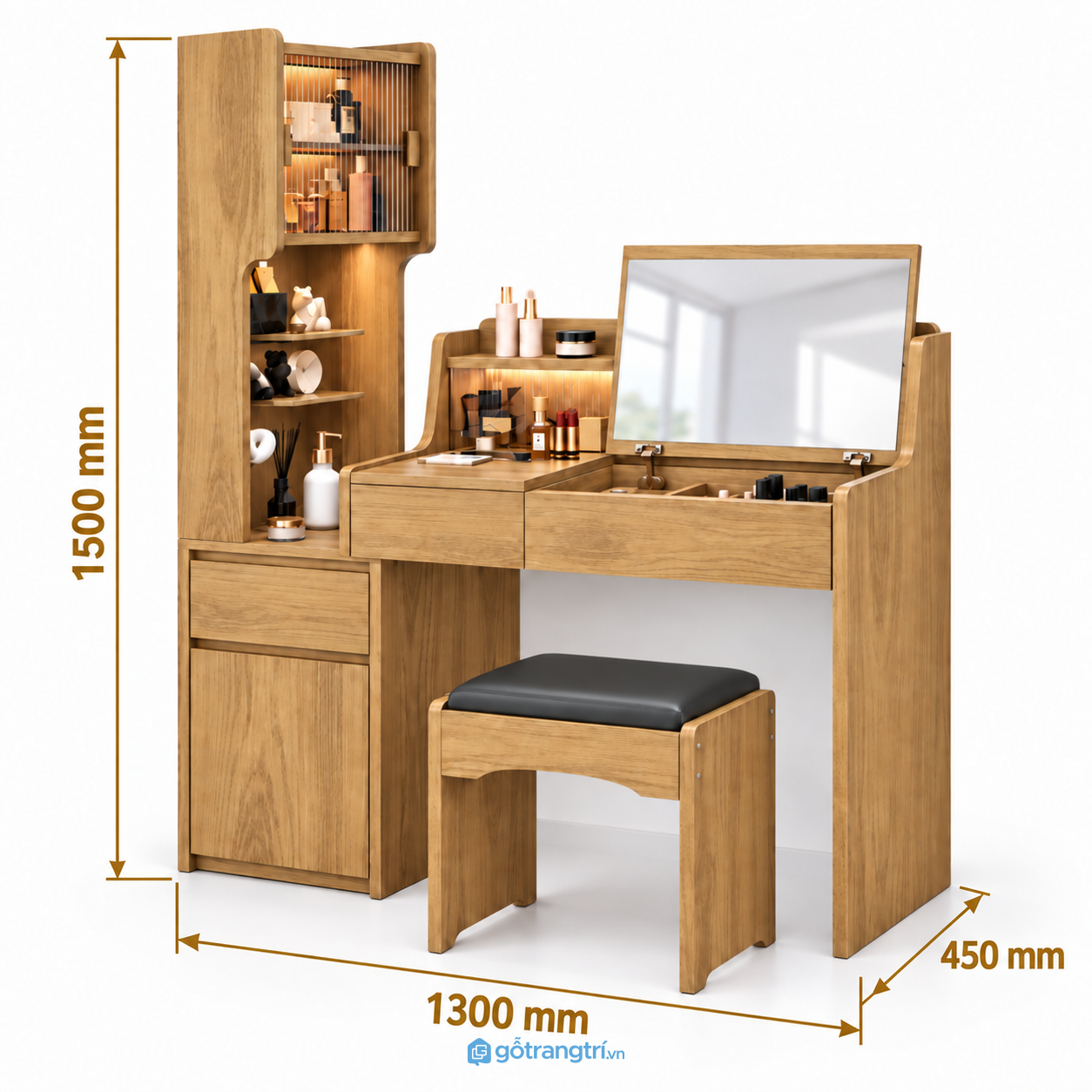 Bàn trang điểm liền tủ kính màu gỗ sáng tiện dụng
