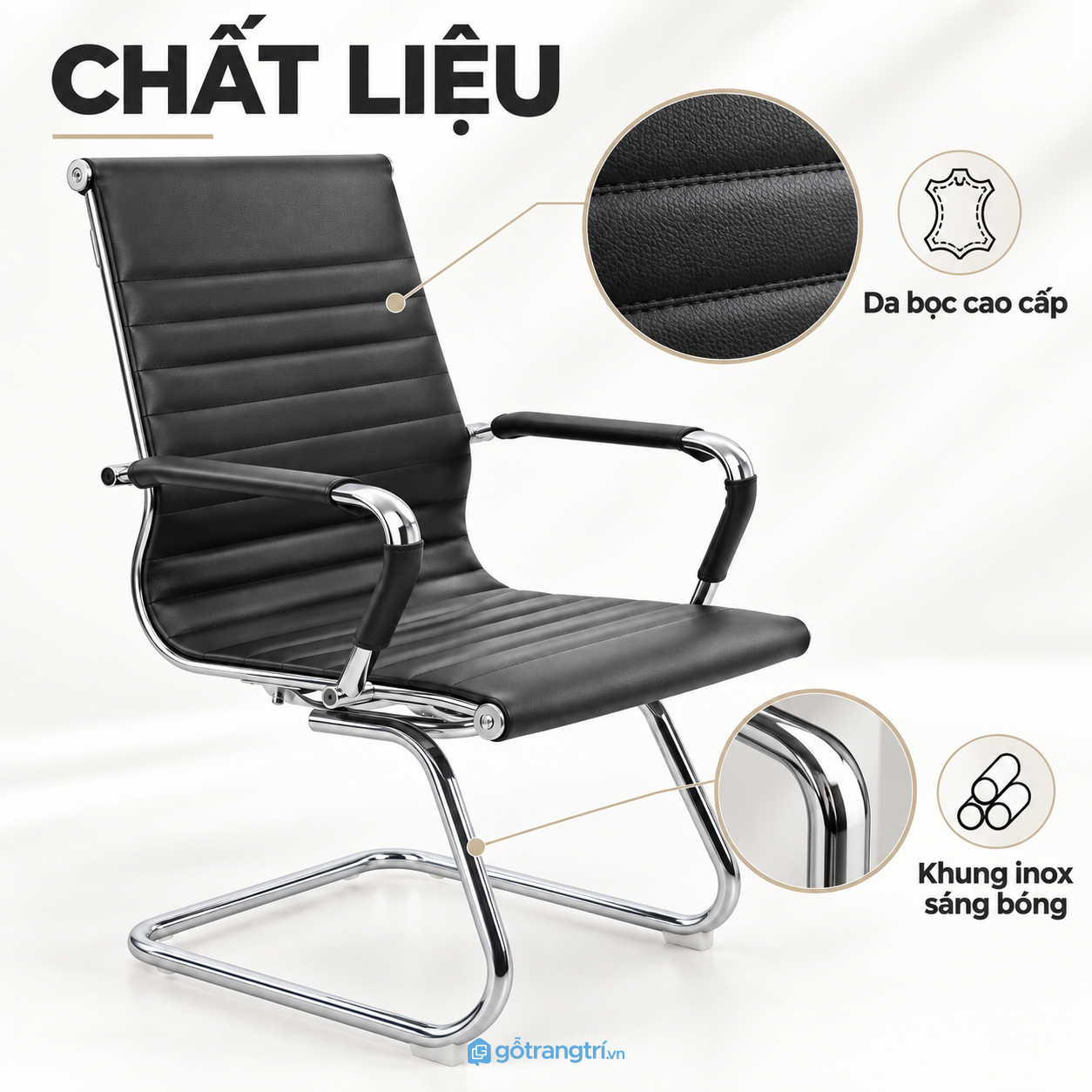 Bề mặt bọc da, khung mạ crom sáng màu Bề mặt bọc da, khung mạ crom sáng màu