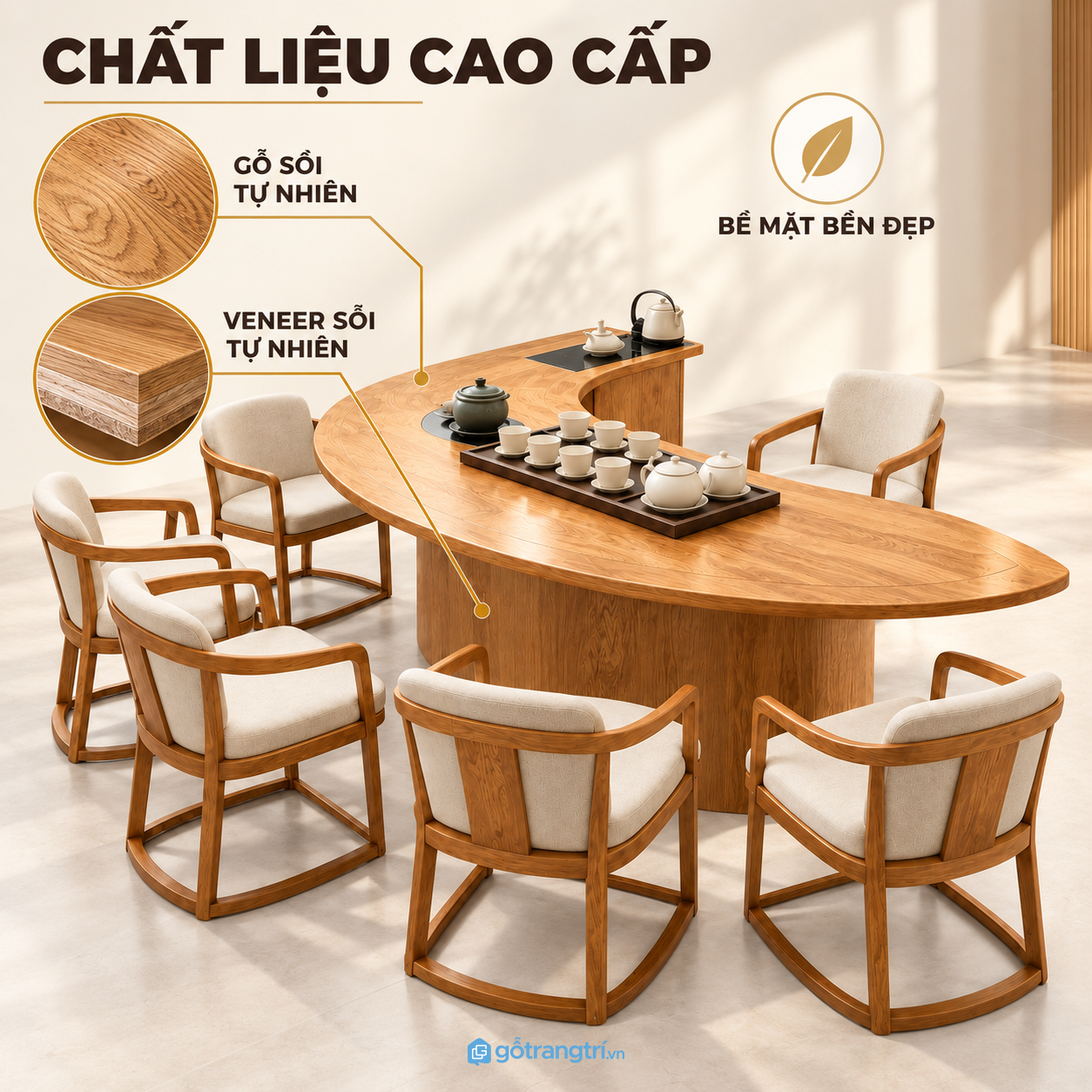Bề mặt gỗ bền đẹp, thuận tiện khi pha trà