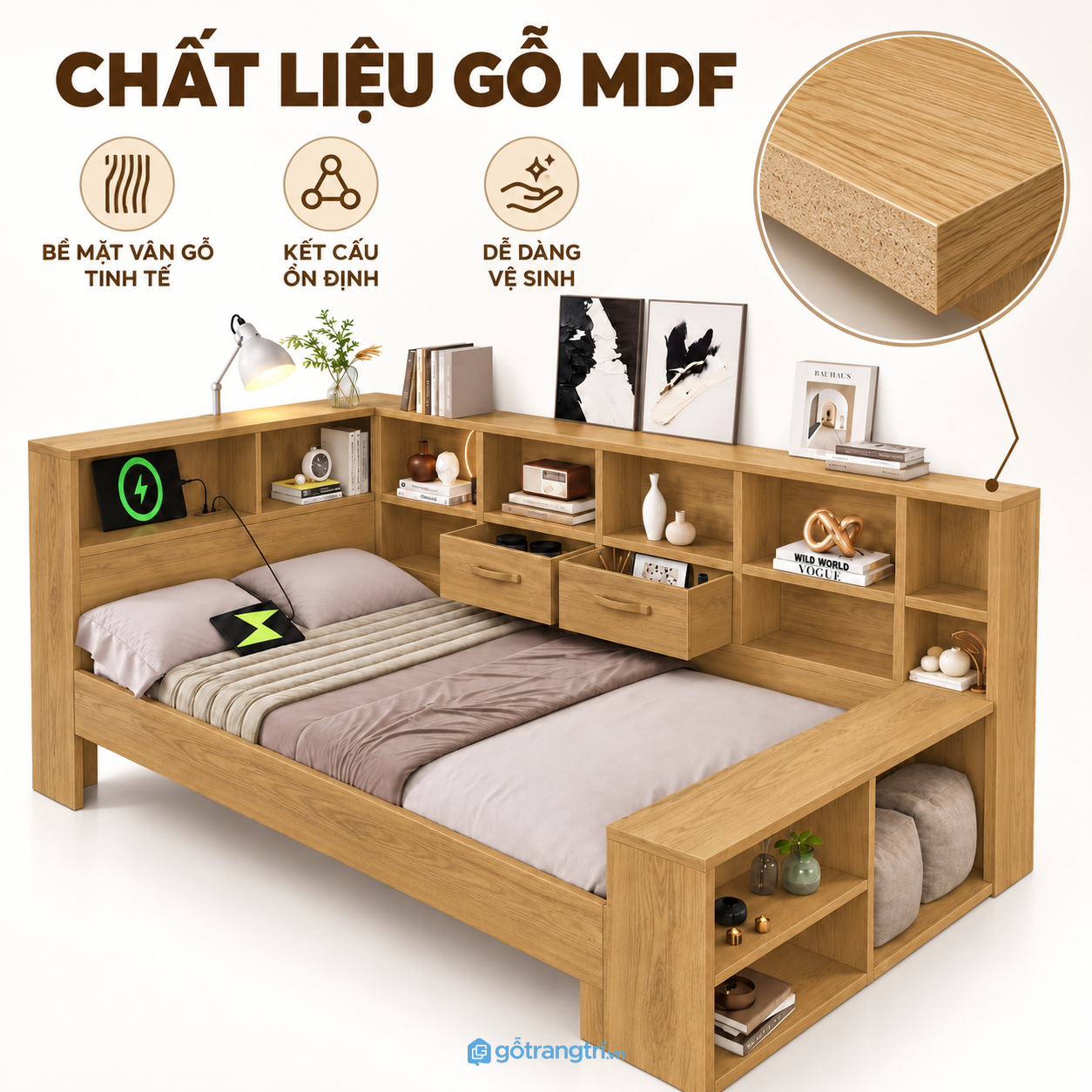 Bề mặt gỗ dễ phối và thuận tiện vệ sinh Bề mặt gỗ dễ phối và thuận tiện vệ sinh