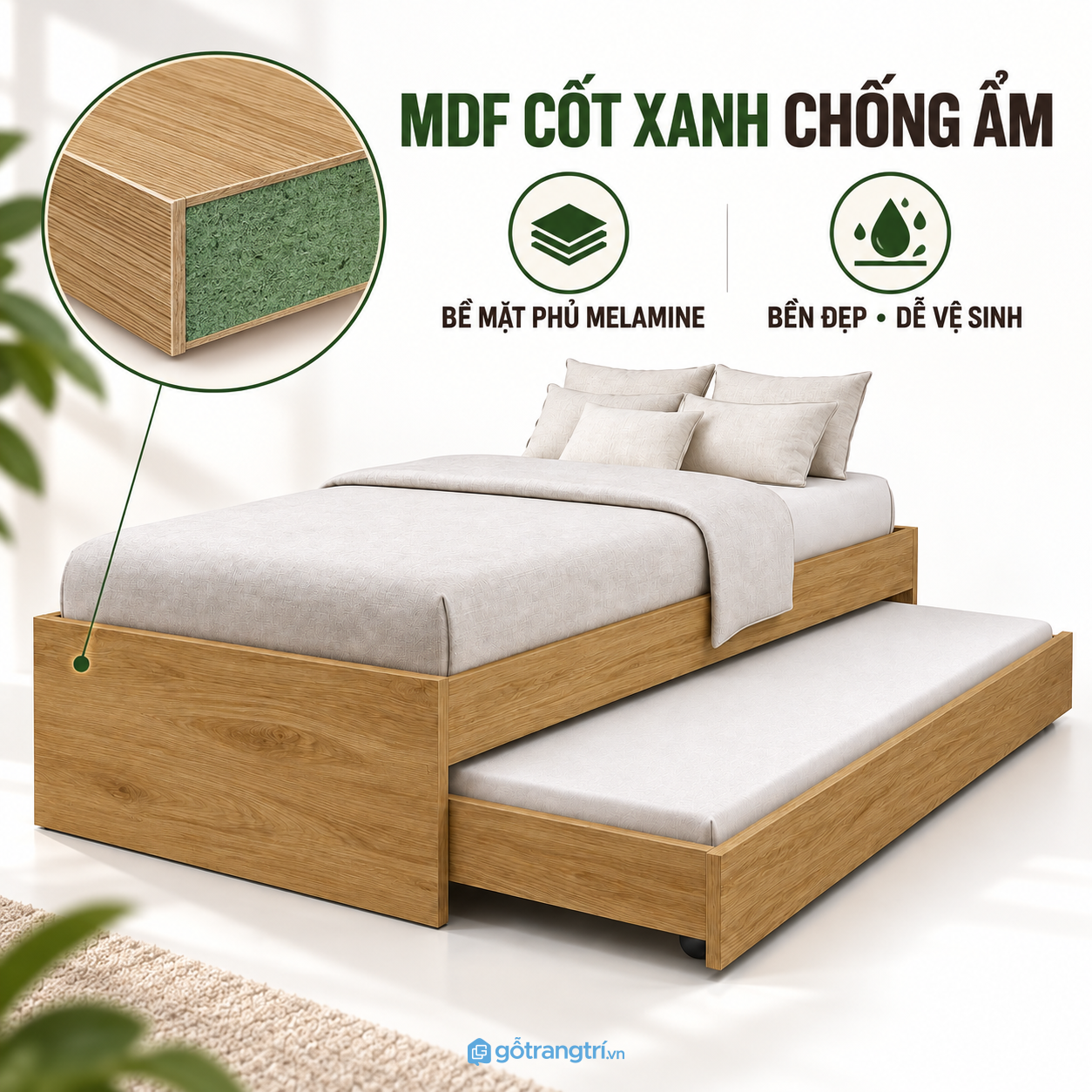 Bề mặt gỗ dễ vệ sinh, phù hợp sử dụng hằng ngày