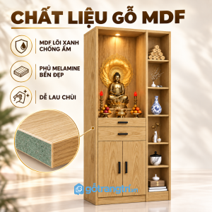 Bề mặt màu gỗ sáng, có đèn chiếu khu vực thờ