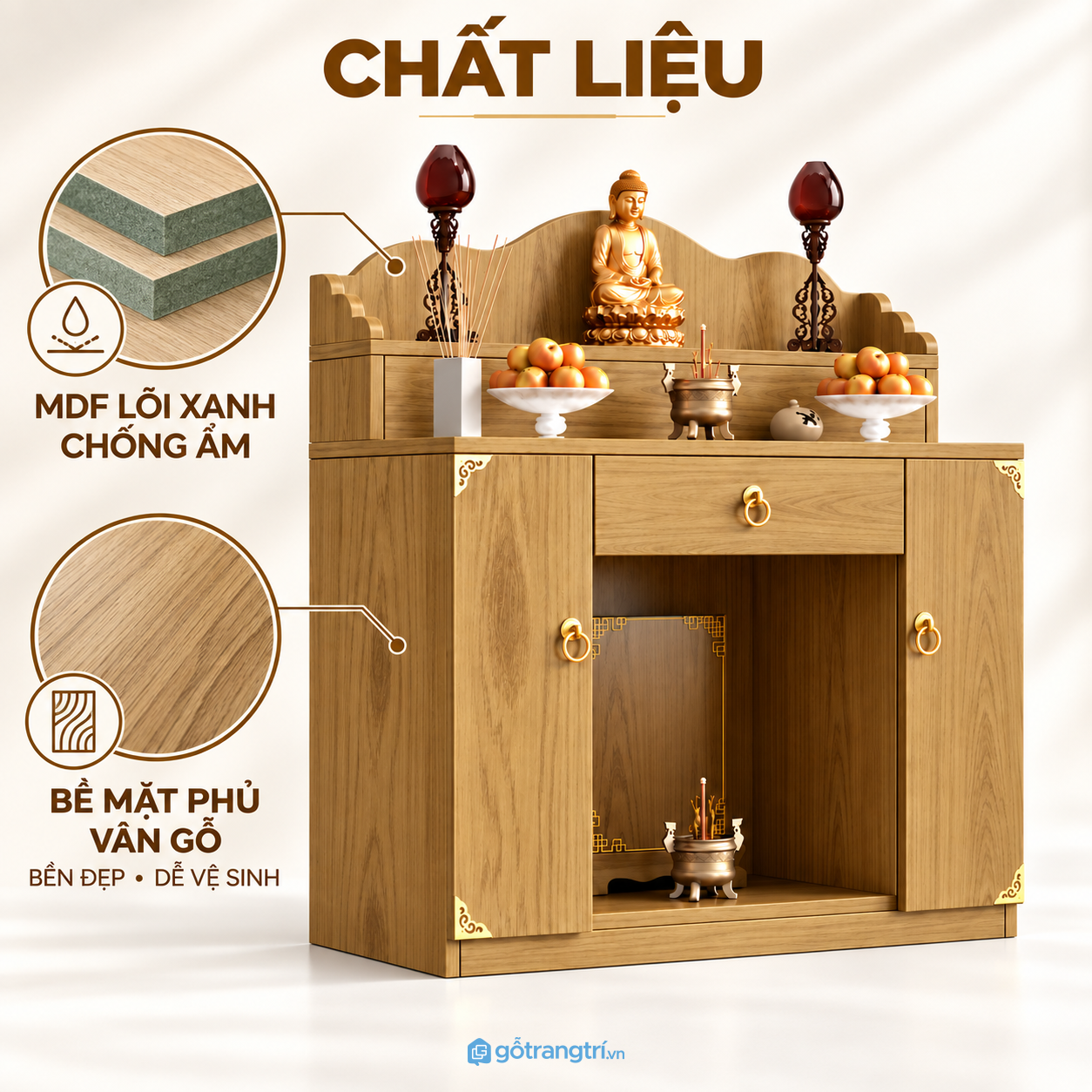 Bề mặt màu gỗ sáng, thuận tiện lau chùi Bề mặt màu gỗ sáng, thuận tiện lau chùi