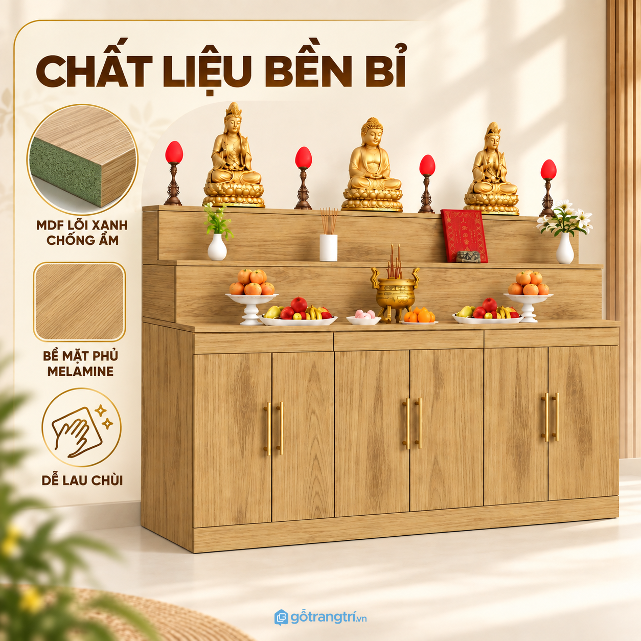 Bề mặt màu gỗ sáng, thuận tiện vệ sinh
