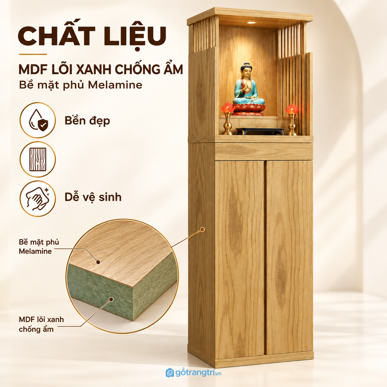 Bề mặt vân gỗ đẹp, dễ vệ sinh