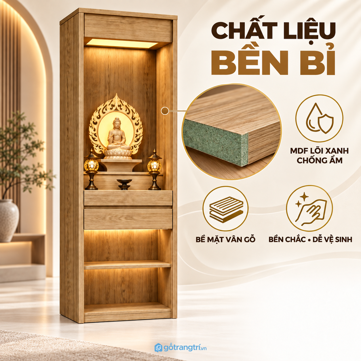 Bề mặt vân gỗ màu nâu dễ phối nội thất