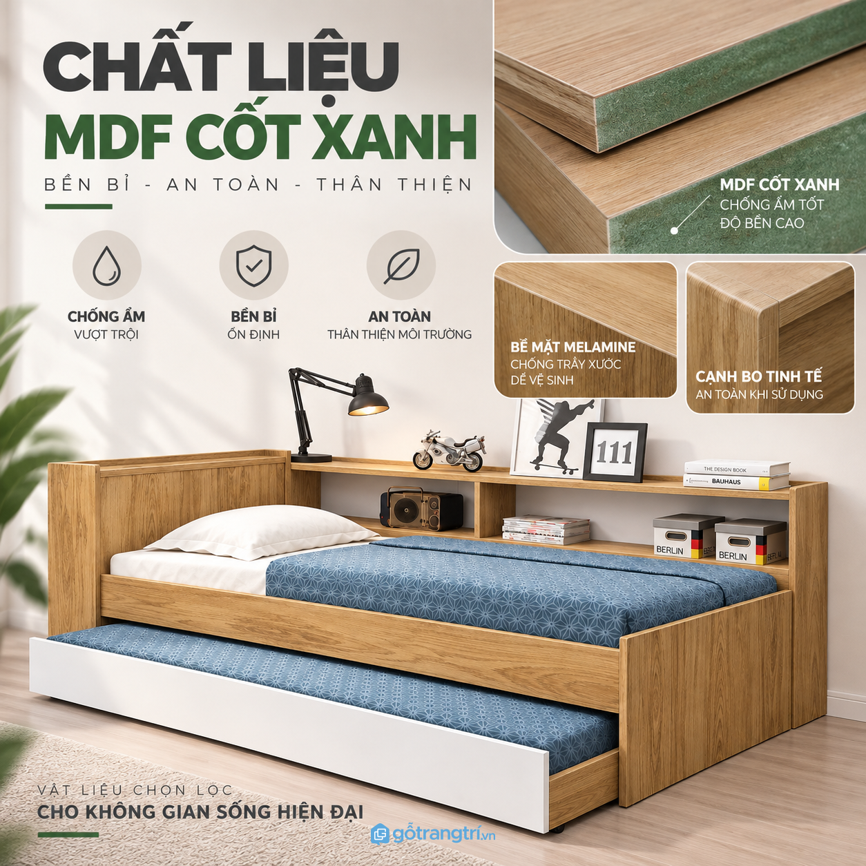 Bề mặt vân gỗ sáng, dễ phối nội thất Bề mặt vân gỗ sáng, dễ phối nội thất