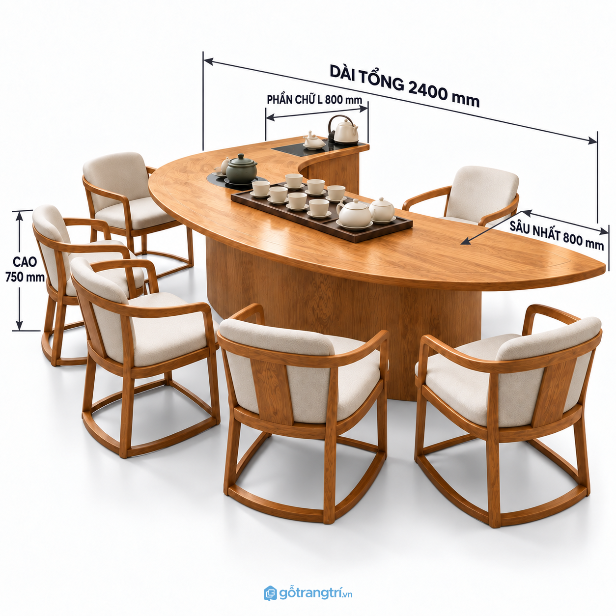 Bộ bàn trà đạo gỗ dáng cong hiện đại cho phòng trà rộng