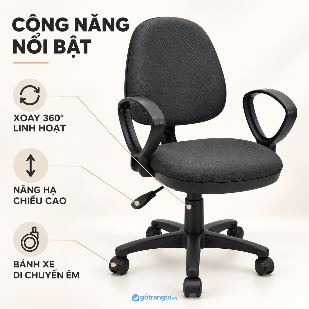 Chân xoay 5 cánh, bánh xe di chuyển linh hoạt