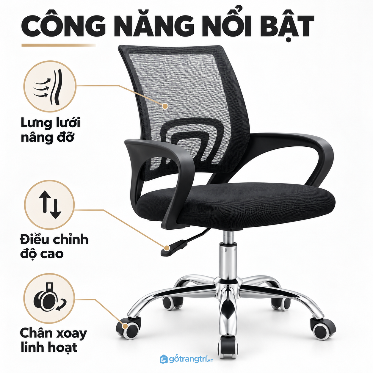 Chân xoay, bánh xe và khả năng nâng hạ linh hoạt Chân xoay, bánh xe và khả năng nâng hạ linh hoạt