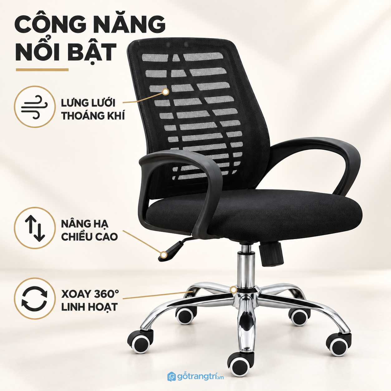 Chân xoay, bánh xe và nâng hạ thuận tiện khi làm việc