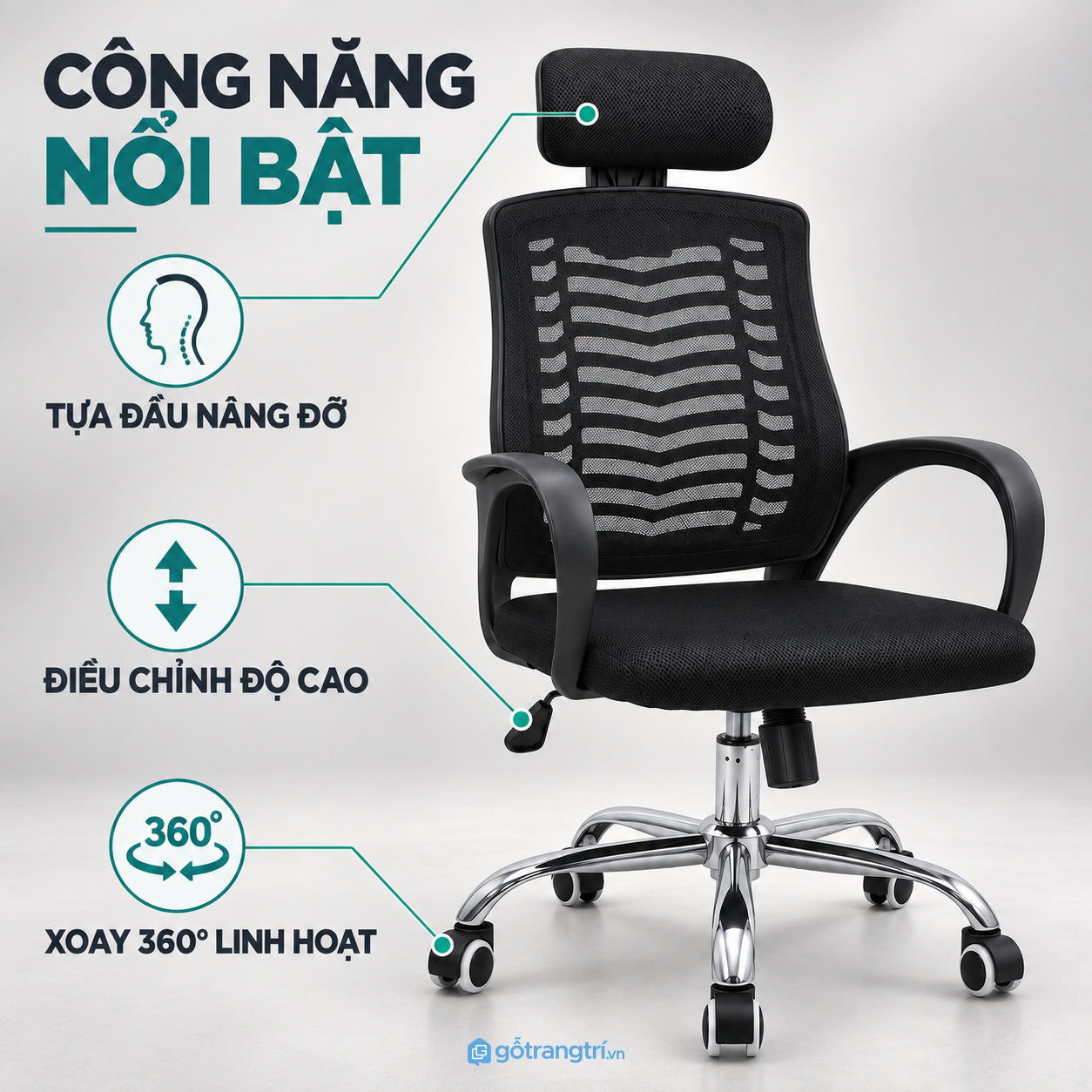 Chân xoay mạ crom và bánh xe thuận tiện di chuyển Chân xoay mạ crom và bánh xe thuận tiện di chuyển