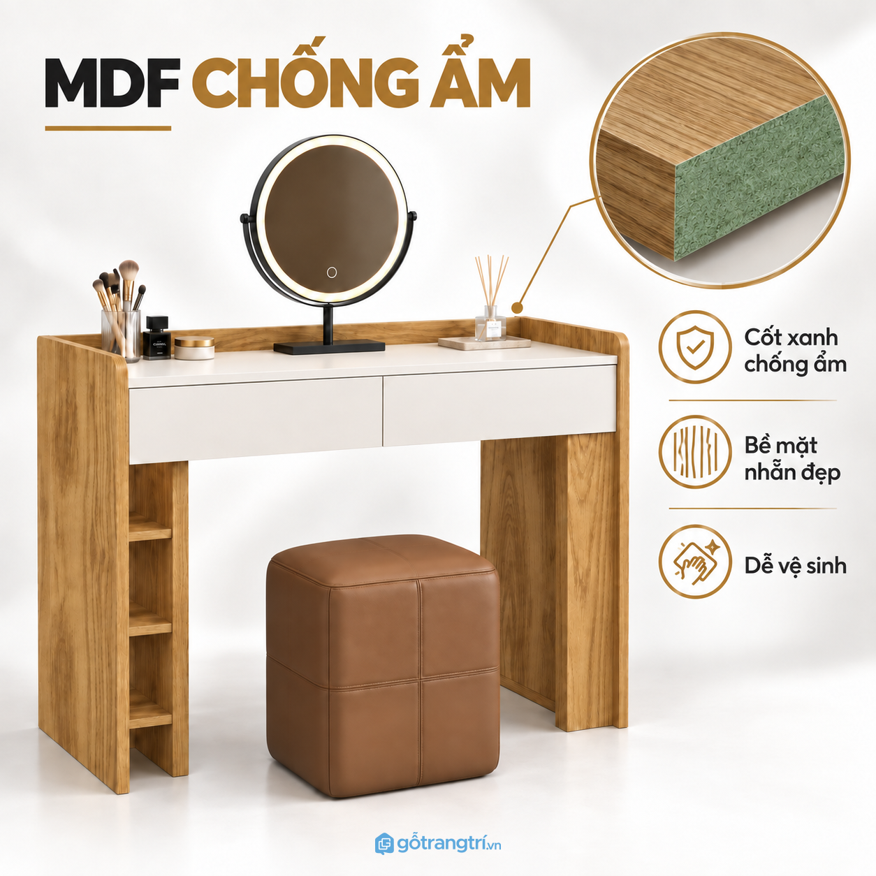 Chất liệu gỗ dễ vệ sinh, phù hợp sử dụng hằng ngày