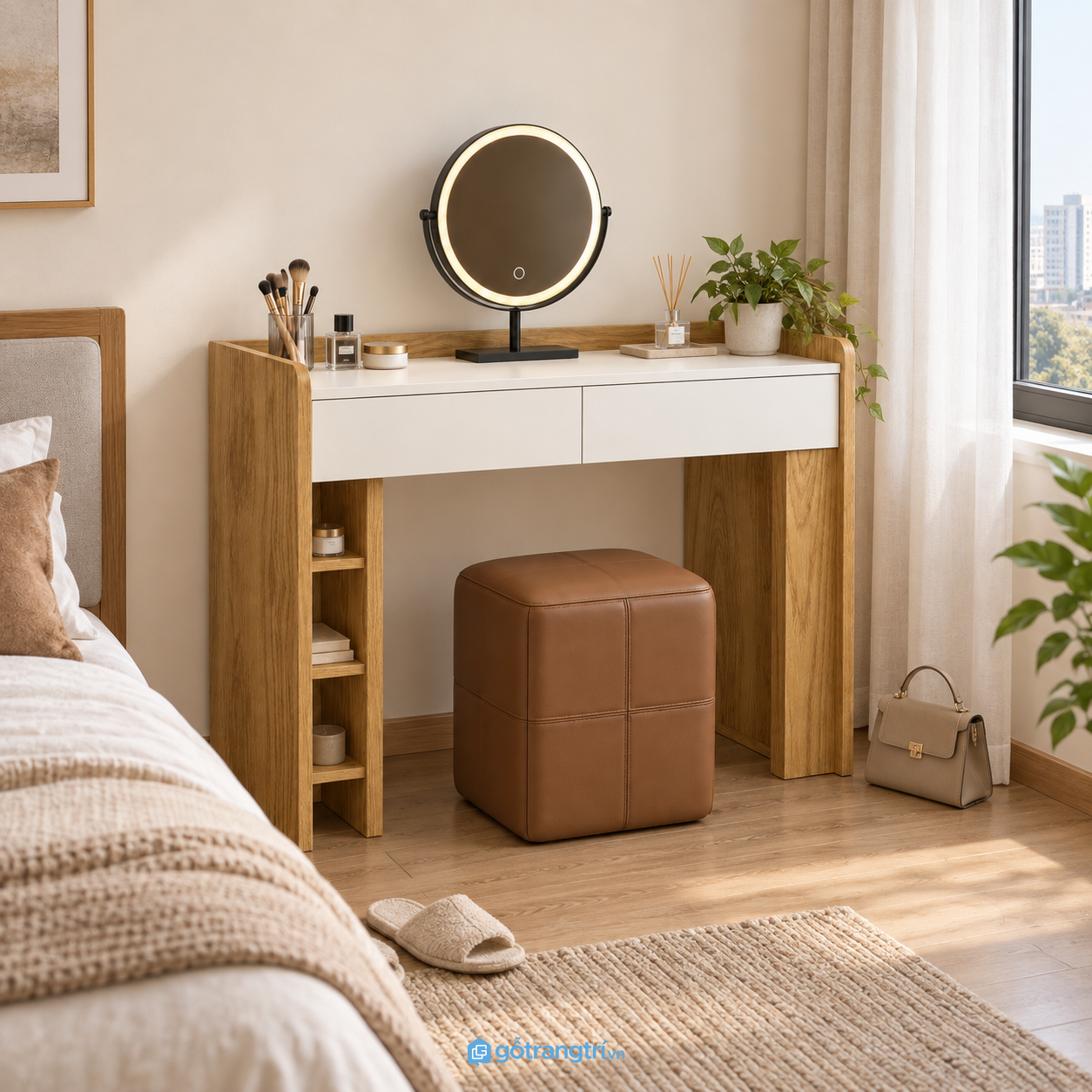 Chi tiết thiết kế Bàn trang điểm gỗ màu vàng có gương tròn GHS-4032