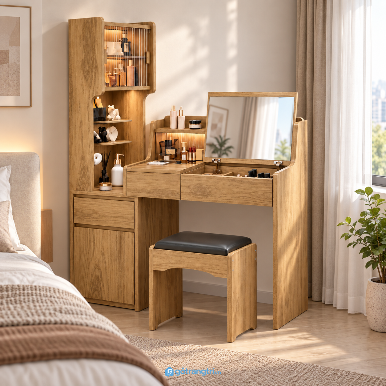 Chi tiết thiết kế Bàn trang điểm liền tủ kính màu gỗ sáng GHS-4043