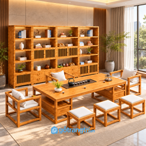 Chi tiết thiết kế Bộ bàn trà đạo gỗ tự nhiên có ngăn kéo GHS-7016