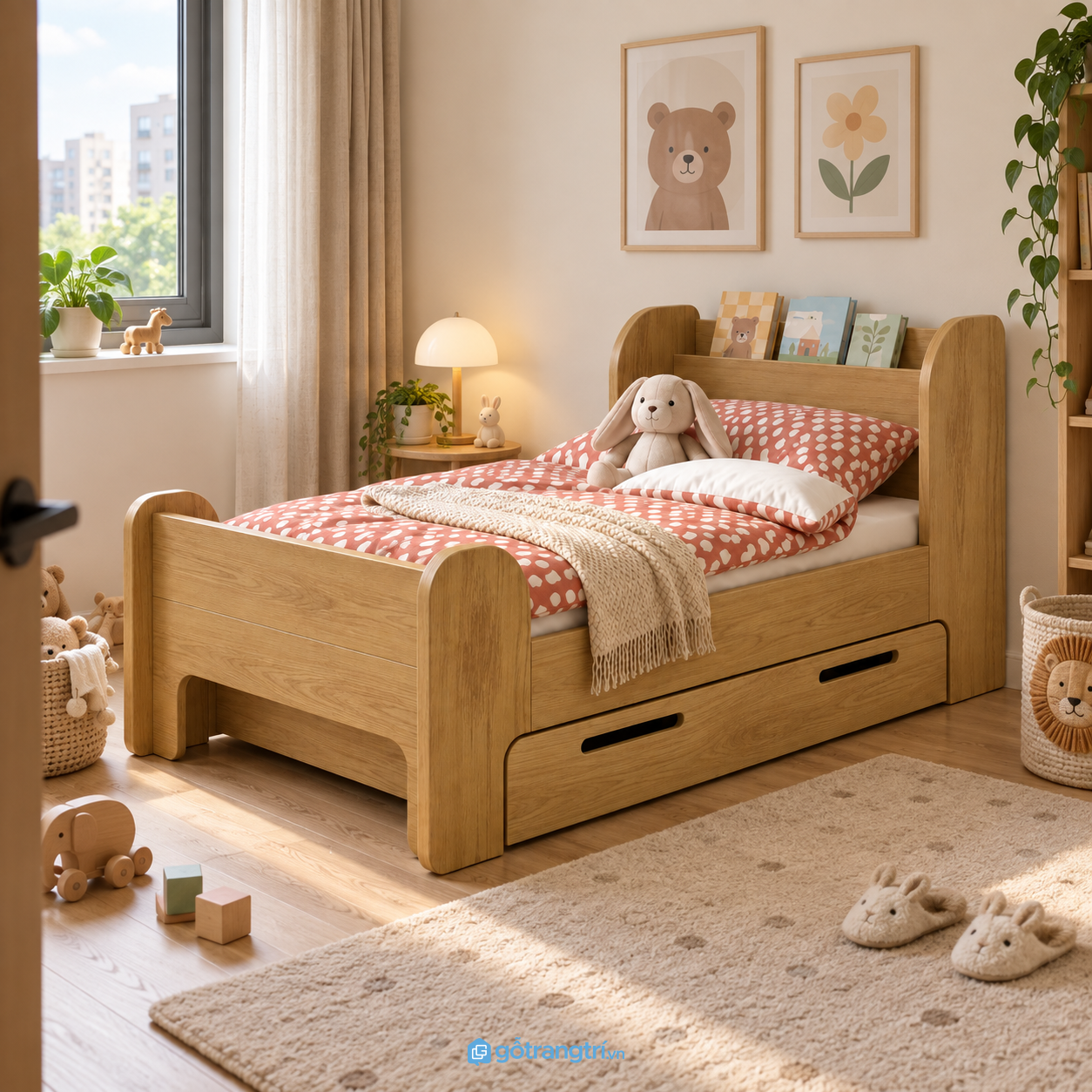Chi tiết thiết kế Giường đơn cho bé có kệ đầu giường và hộc kéo GHS-9081