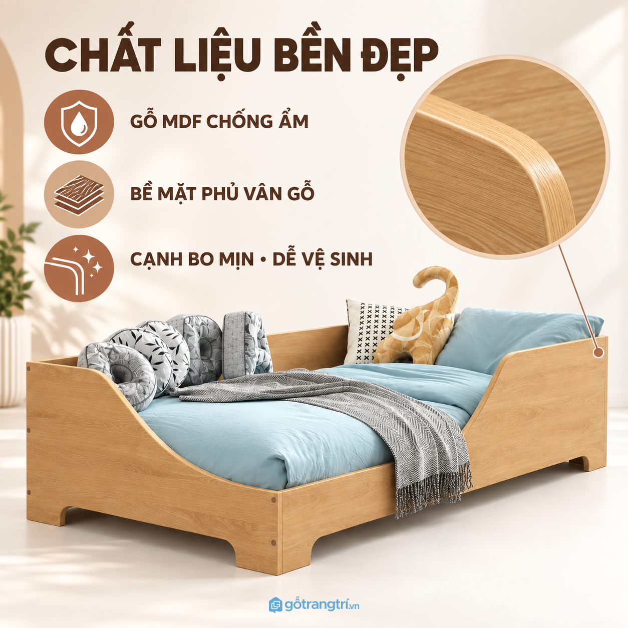 Chi tiết thiết kế Giường ngủ cho bé màu trắng chân thấp hiện đại GHS-9071