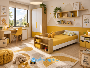 Chi tiết thiết kế Giường ngủ cho bé màu trắng có kệ GHS-9072