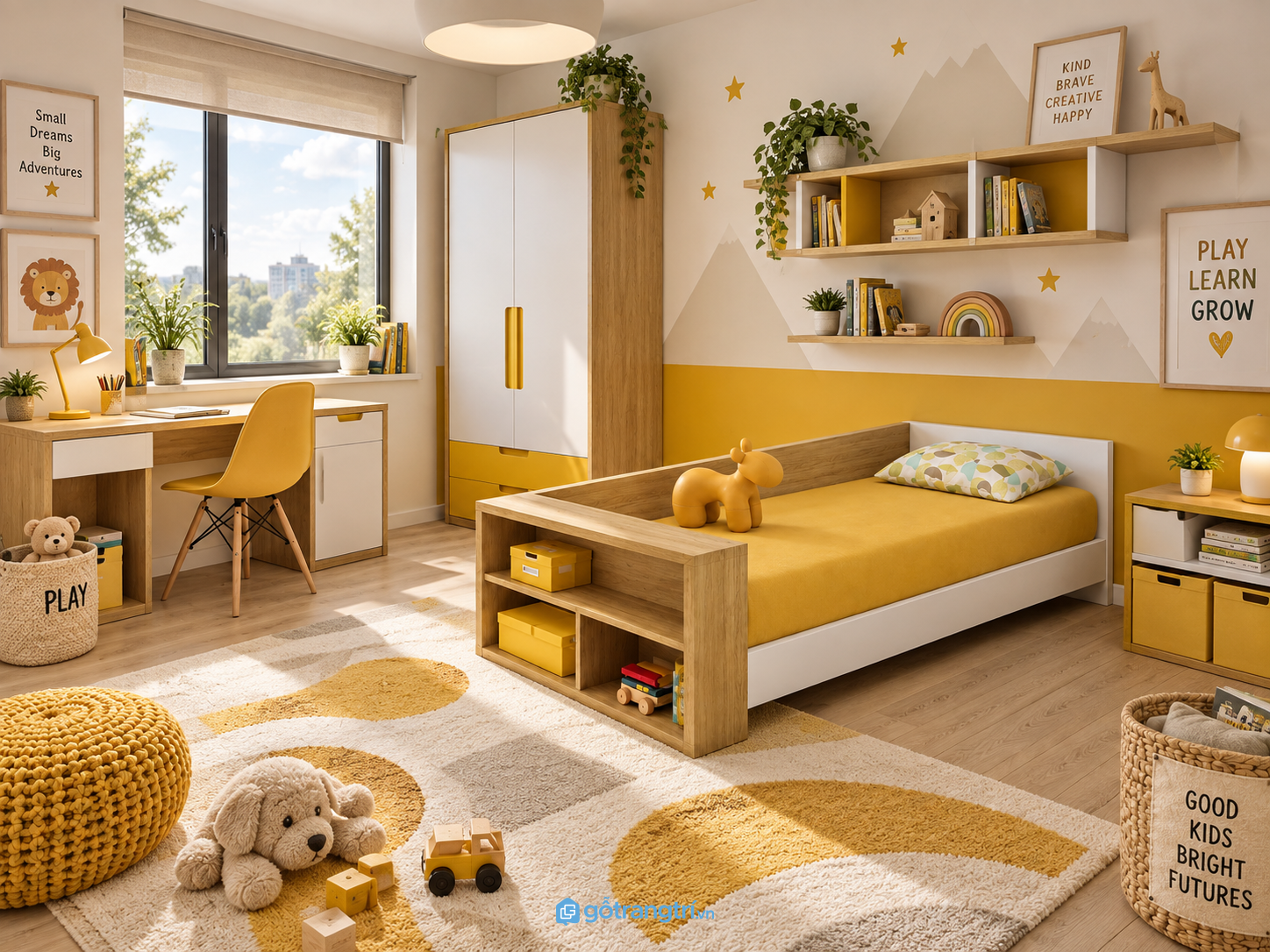 Chi tiết thiết kế Giường ngủ cho bé màu trắng có kệ GHS-9072