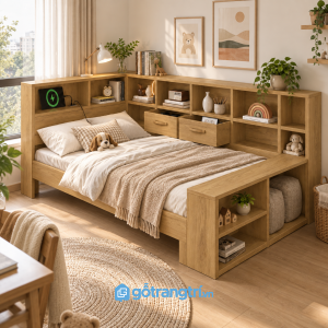 Chi tiết thiết kế Giường ngủ gỗ màu vàng tích hợp kệ đầu giường GHS-9060