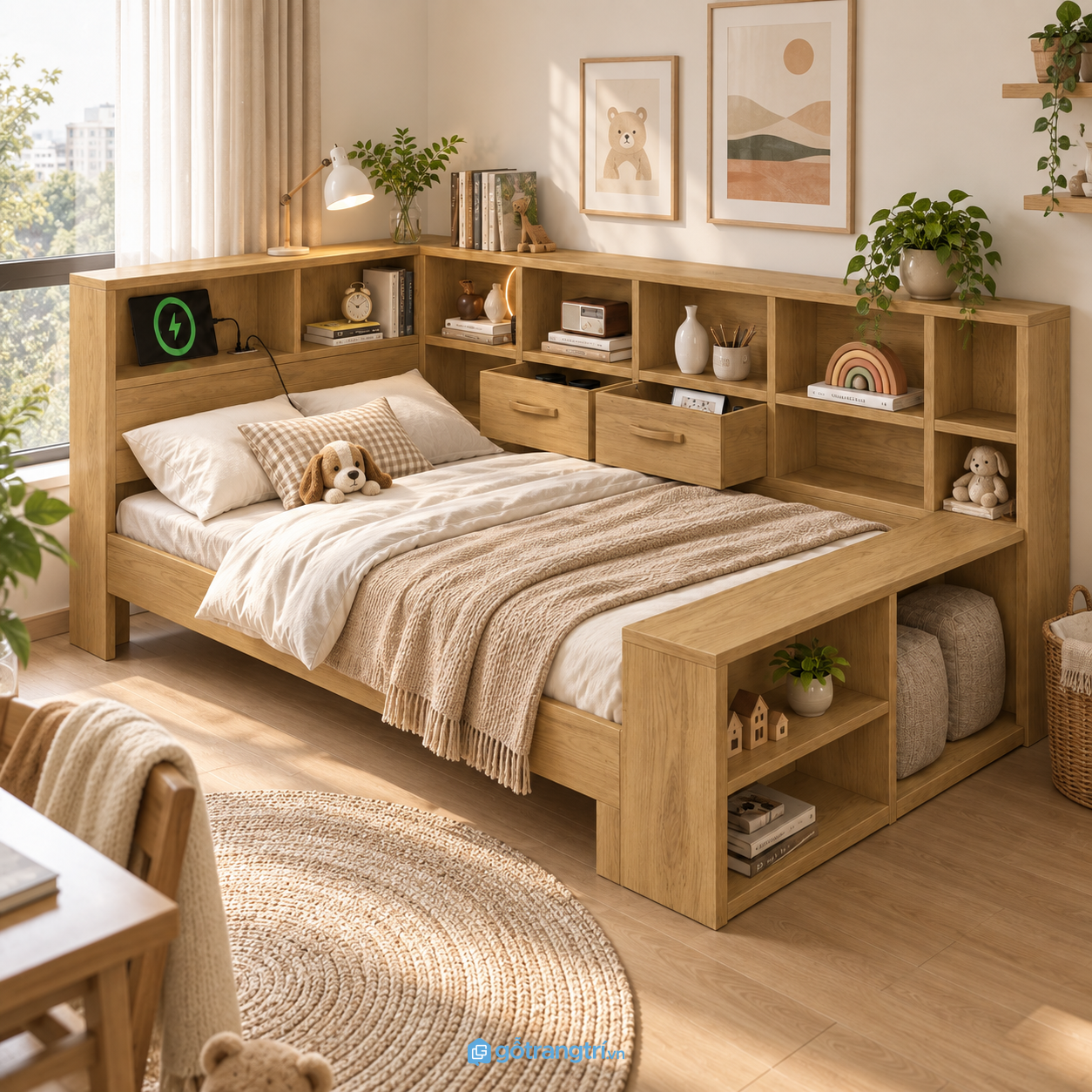 Chi tiết thiết kế Giường ngủ gỗ màu vàng tích hợp kệ đầu giường GHS-9060 Chi tiết thiết kế Giường ngủ gỗ màu vàng tích hợp kệ đầu giường GHS-9060