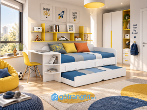 Chi tiết thiết kế Giường ngủ kết hợp bàn học và kệ sách đa năng GHS-9074