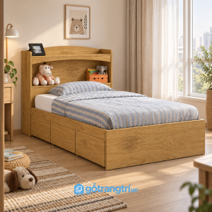 Chi tiết thiết kế Giường ngủ màu xám có ngăn kéo và kệ đầu giường GHS-9063