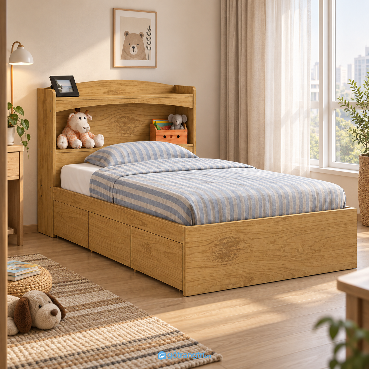 Chi tiết thiết kế Giường ngủ màu xám có ngăn kéo và kệ đầu giường GHS-9063