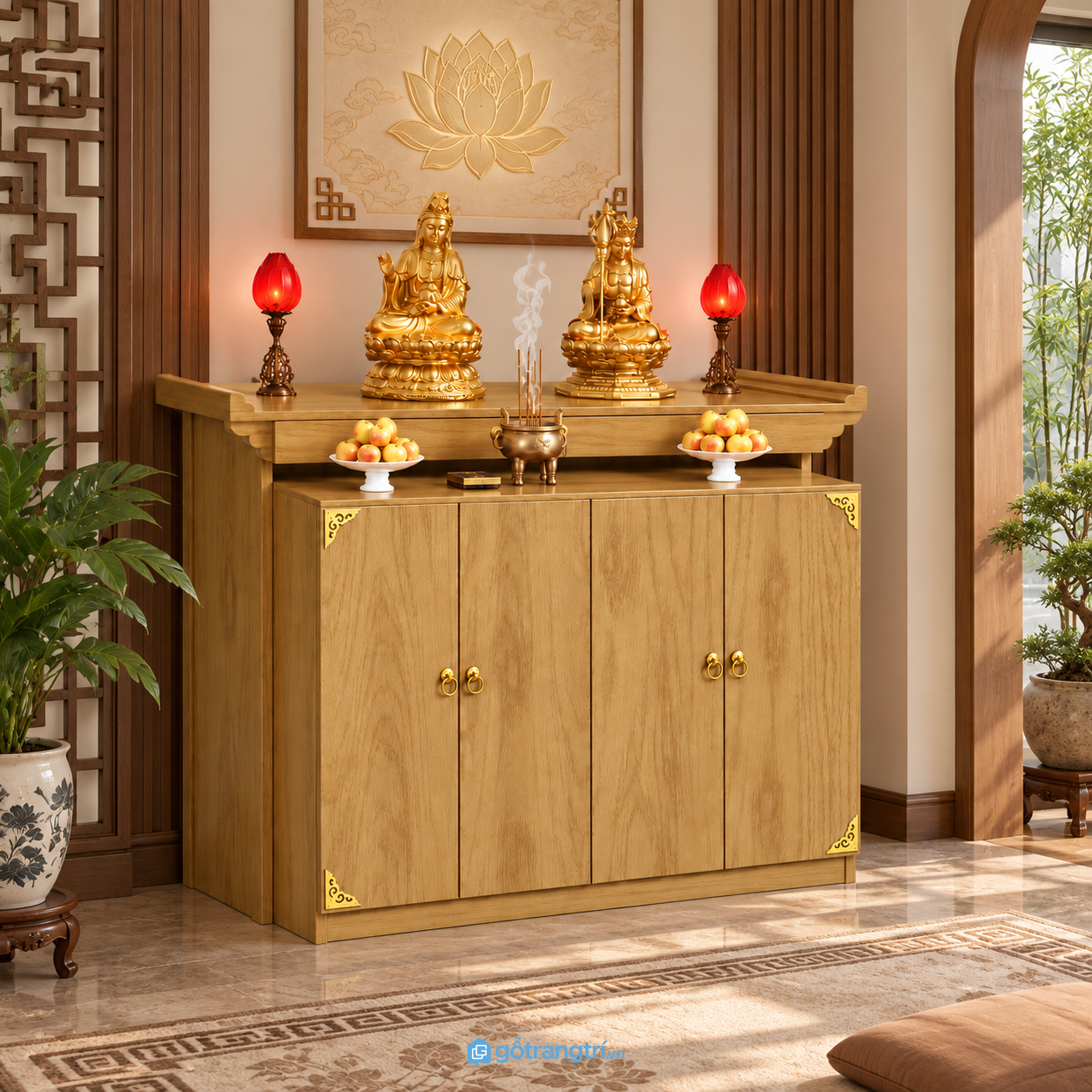 Chi tiết thiết kế Tủ thờ Phật 4 cánh có tủ lưu trữ rộng rãi GHS-5085 Chi tiết thiết kế Tủ thờ Phật 4 cánh có tủ lưu trữ rộng rãi GHS-5085