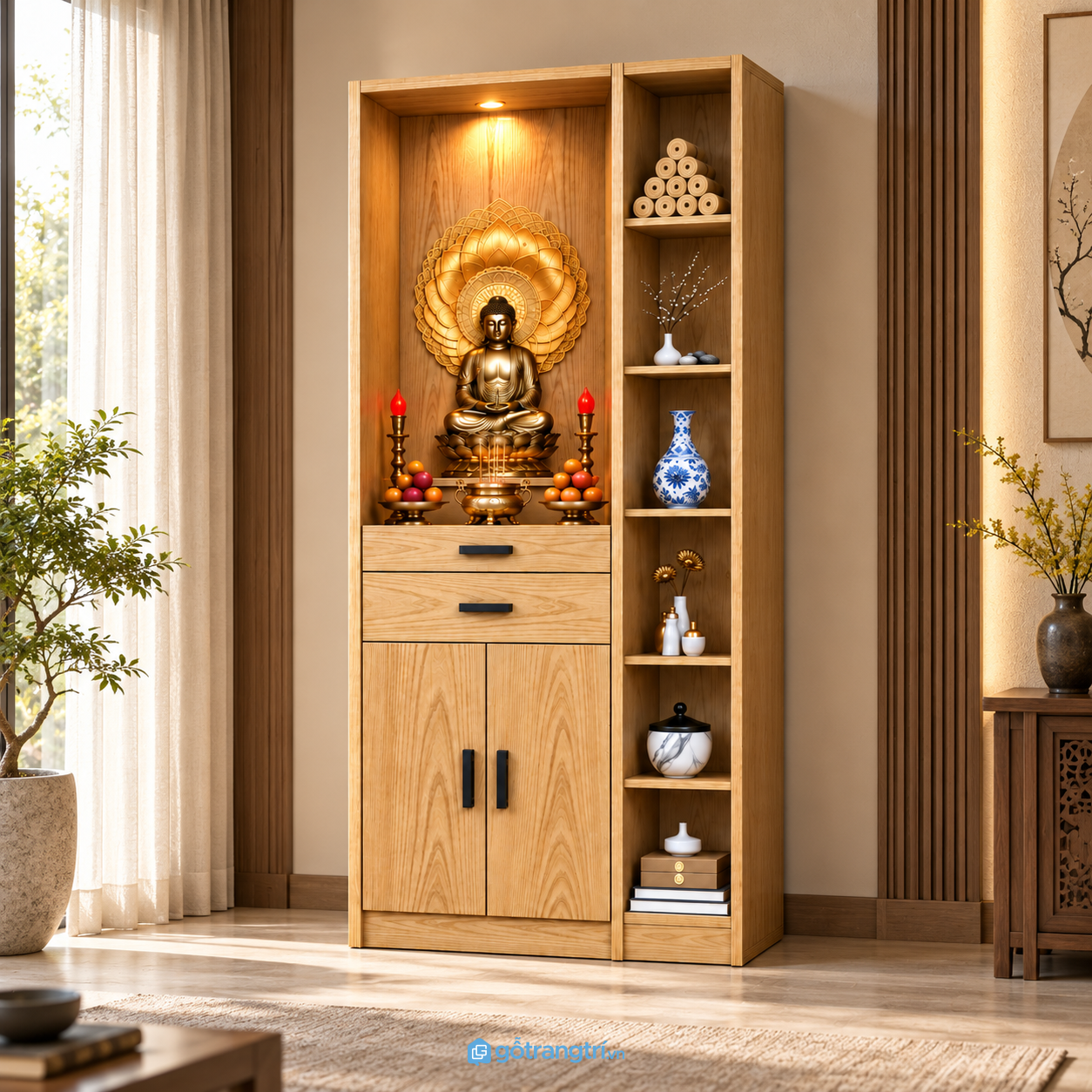 Chi tiết thiết kế Tủ thờ Phật đứng có kệ trang trí hiện đại GHS-5084
