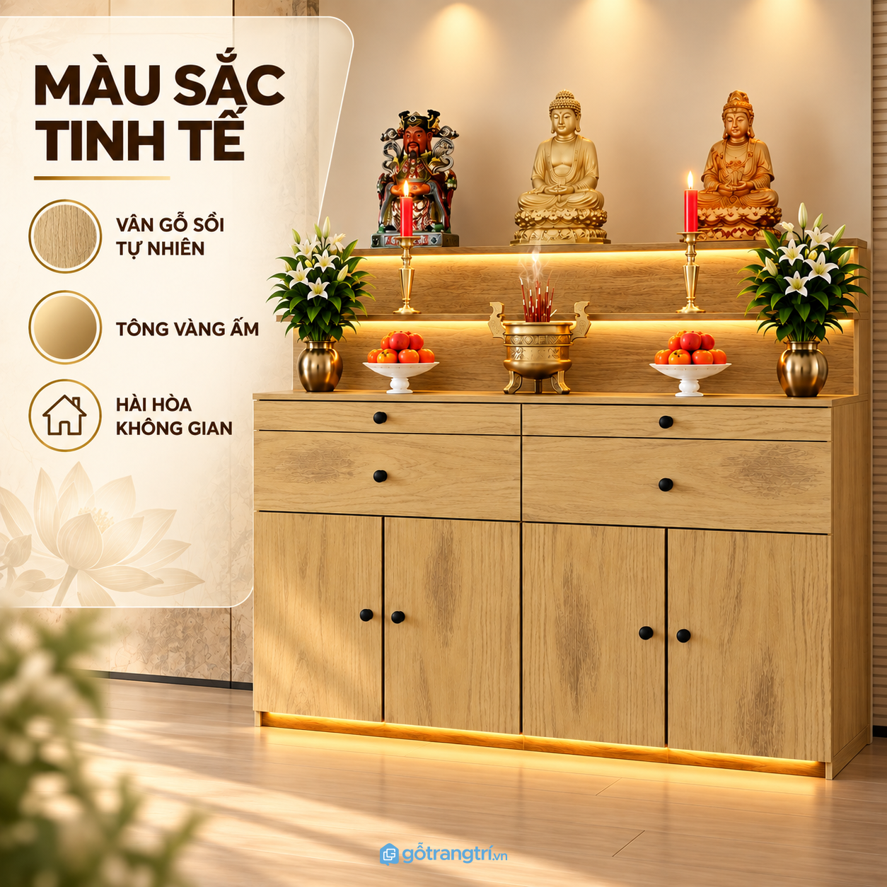 Dễ bố trí trong phòng khách hoặc phòng thờ riêng Dễ bố trí trong phòng khách hoặc phòng thờ riêng