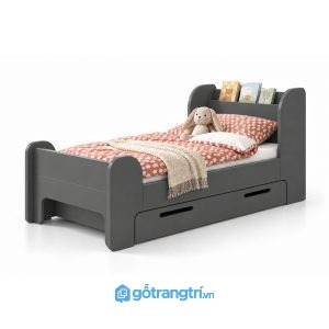 Giường đơn cho bé có kệ đầu giường và hộc kéo GHS-9081 - Giường đơn lọt nệm 1mx2m - Màu ghi