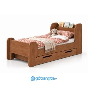 Giường đơn cho bé có kệ đầu giường và hộc kéo GHS-9081 - Giường đơn lọt nệm 1mx2m - Màu gỗ xoan đào