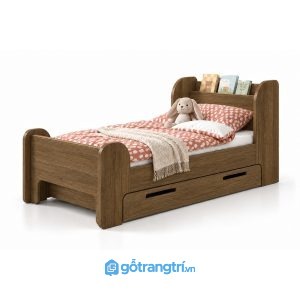 Giường đơn cho bé có kệ đầu giường và hộc kéo GHS-9081 - Giường đơn lọt nệm 1mx2m - Màu gỗ óc chó