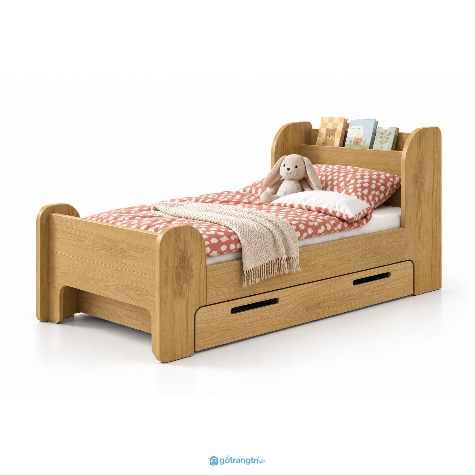 Giường đơn cho bé có kệ đầu giường và hộc kéo GHS-9081 - Giường đơn lọt nệm 1mx2m - Màu gỗ sồi