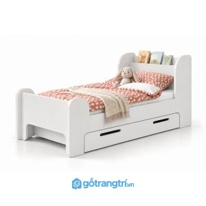 Giường đơn cho bé có kệ đầu giường và hộc kéo GHS-9081 - Giường đơn lọt nệm 1mx2m - Màu trắng