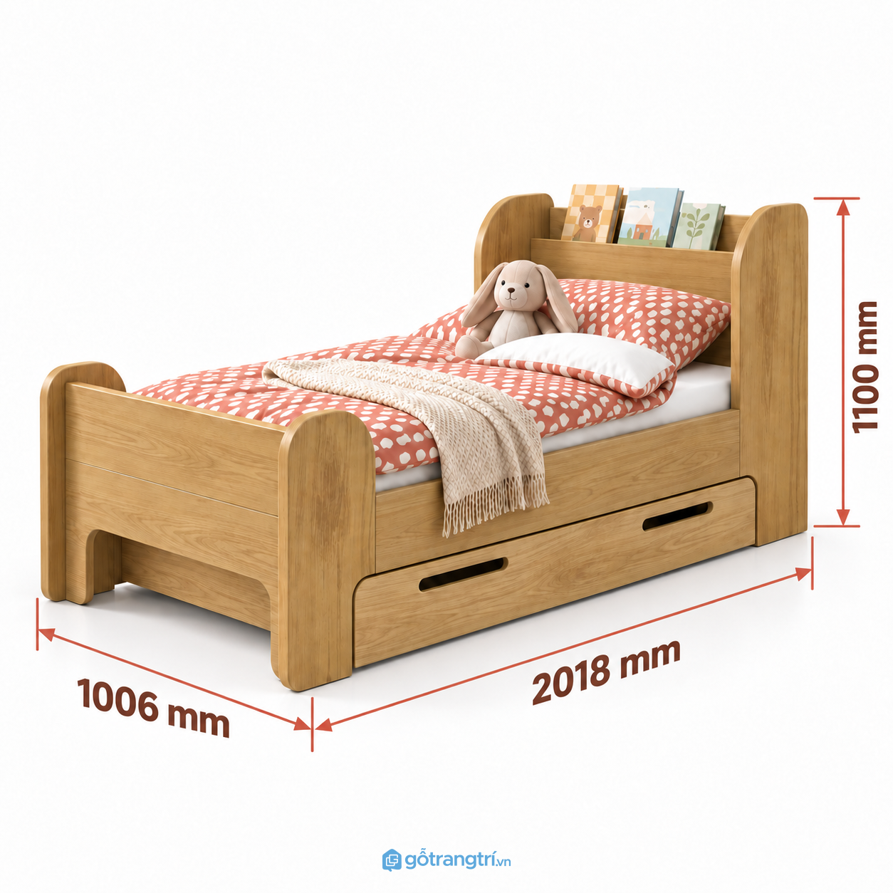 Giường đơn cho bé có kệ đầu giường và hộc kéo tiện dụng