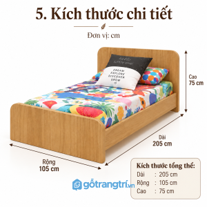 Giường đơn gỗ công nghiệp màu vân gỗ sáng cho phòng nhỏ