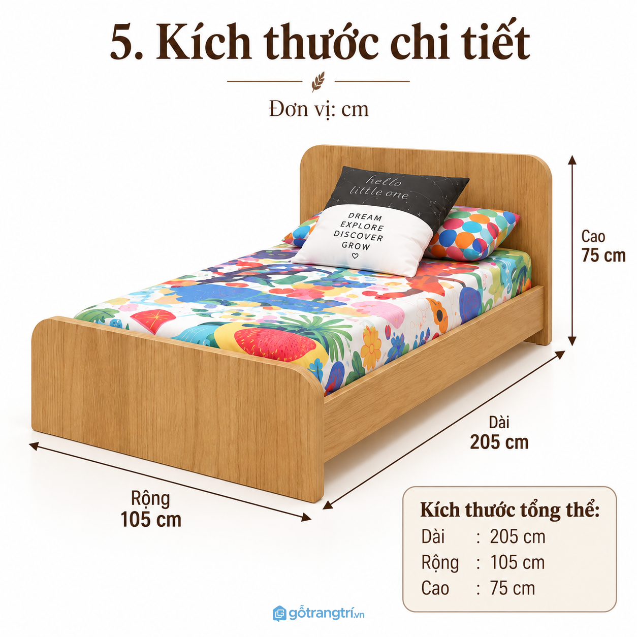 Giường đơn gỗ công nghiệp màu vân gỗ sáng cho phòng nhỏ