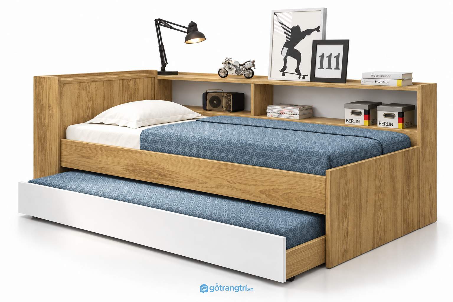 Giường kéo 2 tầng bằng gỗ có ngăn chứa đồ GHS-9076 - 234x188x80cm - Màu gỗ sồi - GHS-9076 Giường kéo 2 tầng bằng gỗ có ngăn chứa đồ GHS-9076 - 234x188x80cm - Màu gỗ sồi - GHS-9076