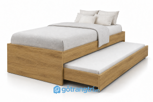 Giường kéo 2 tầng bằng gỗ có ngăn chứa đồ GHS-9077 - 2034x1234x600mm - Màu gỗ sồi - GHS-9077