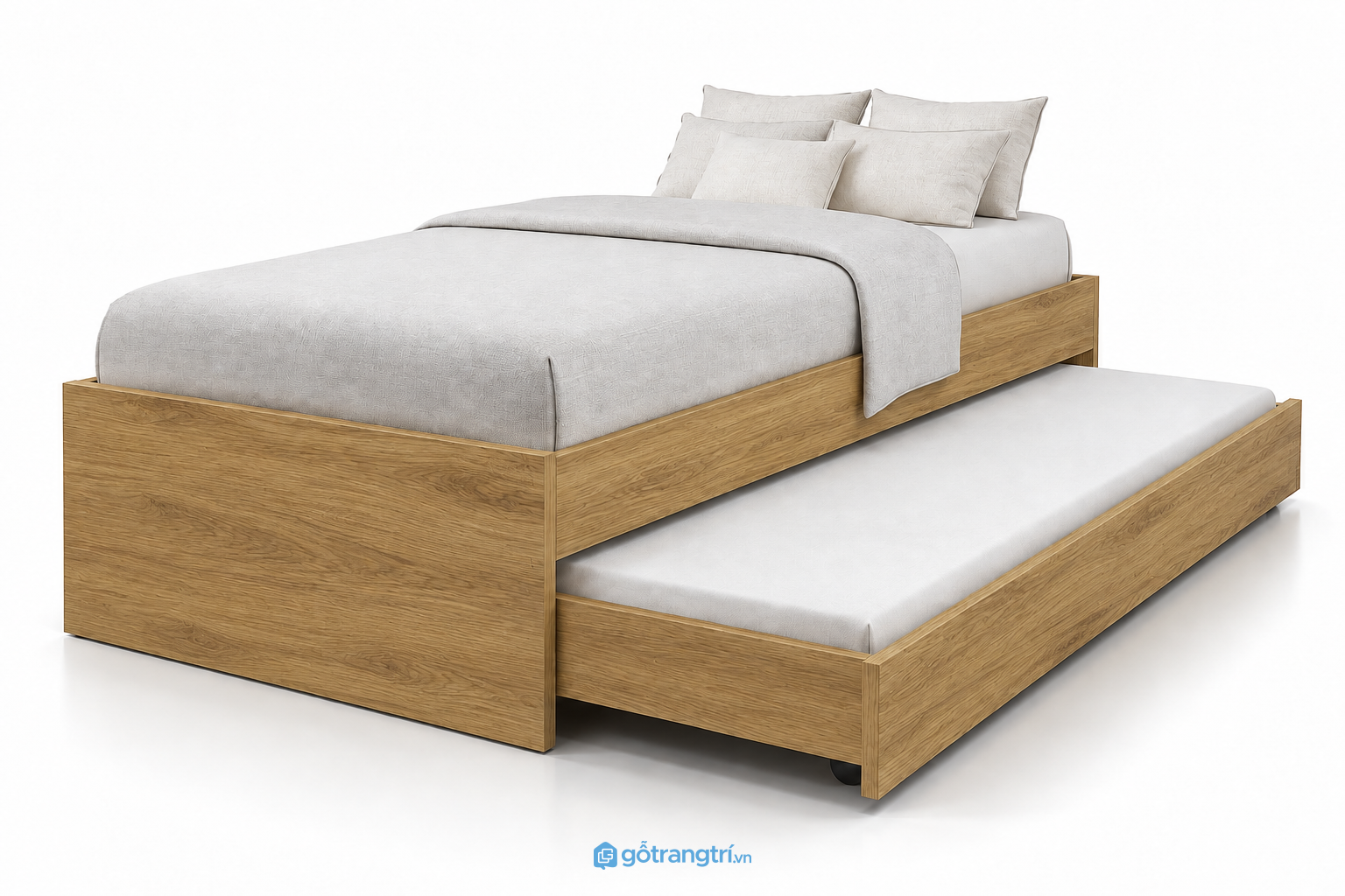 Giường kéo 2 tầng bằng gỗ có ngăn chứa đồ GHS-9077 - 2034x1234x600mm - Màu gỗ sồi - GHS-9077