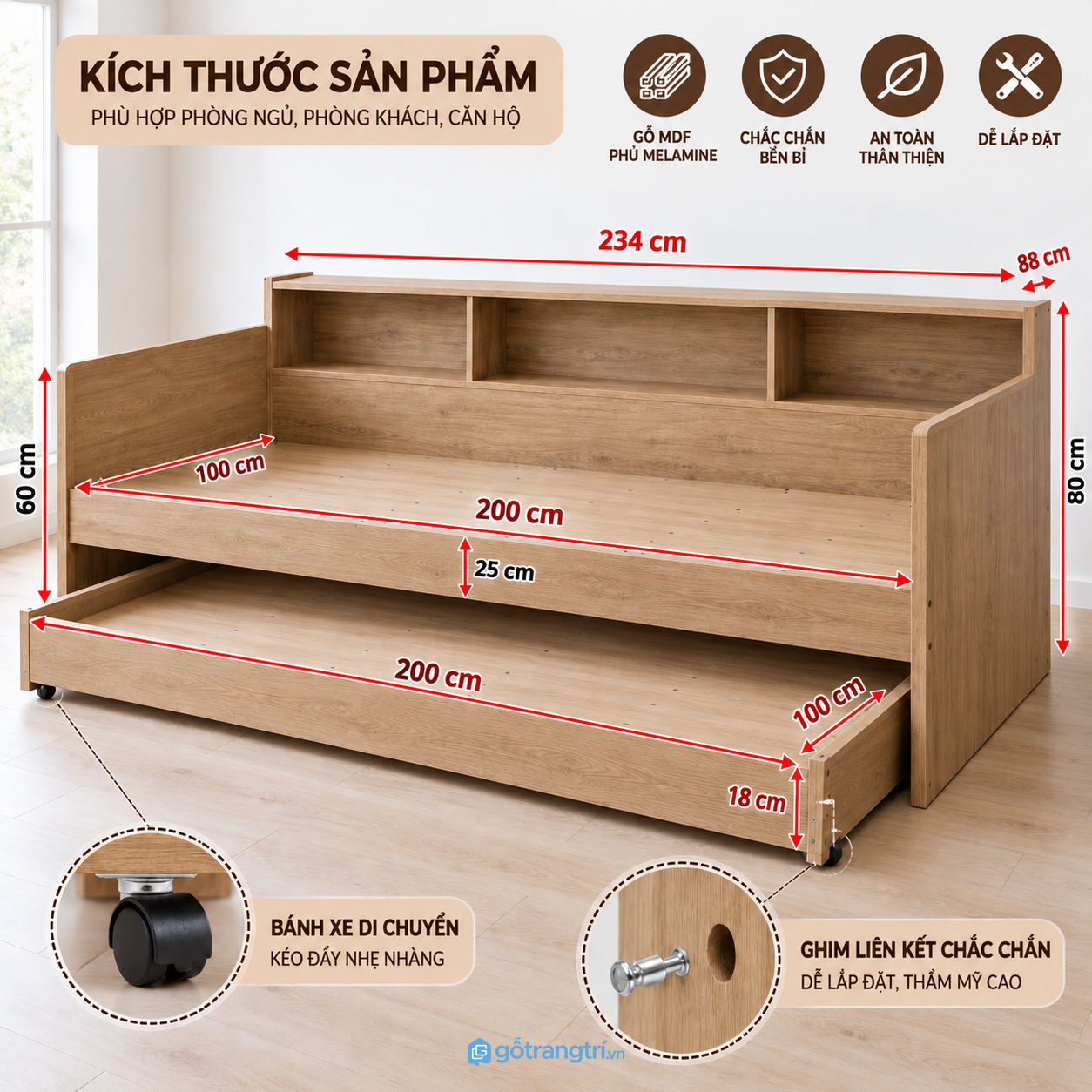 Giường kéo 2 tầng bằng gỗ có ngăn chứa đồ tiện dụng Giường kéo 2 tầng bằng gỗ có ngăn chứa đồ tiện dụng