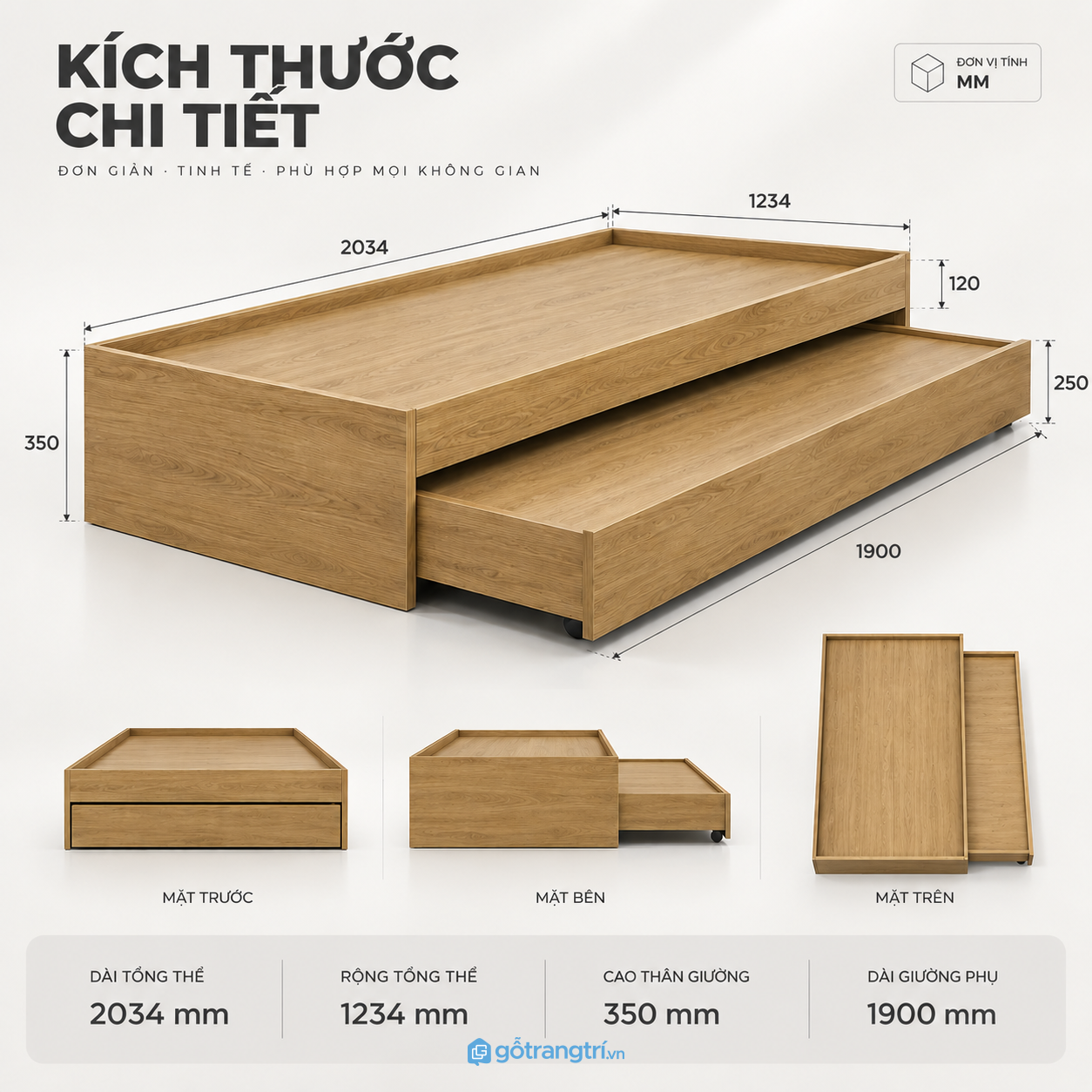 Giường kéo 2 tầng gỗ công nghiệp cho phòng nhỏ tiện dụng