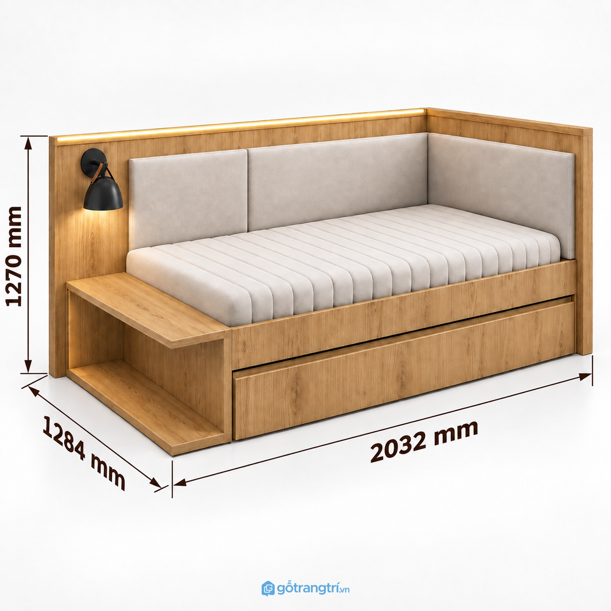 Giường ngủ bọc nệm có hộc kéo đèn LED đa năng