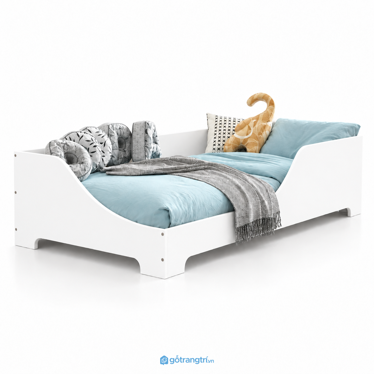 Giường ngủ cho bé màu trắng chân thấp hiện đại GHS-9071 - Giường đơn lọt nệm 1m2x2m - Màu trắng - GHS-9071A