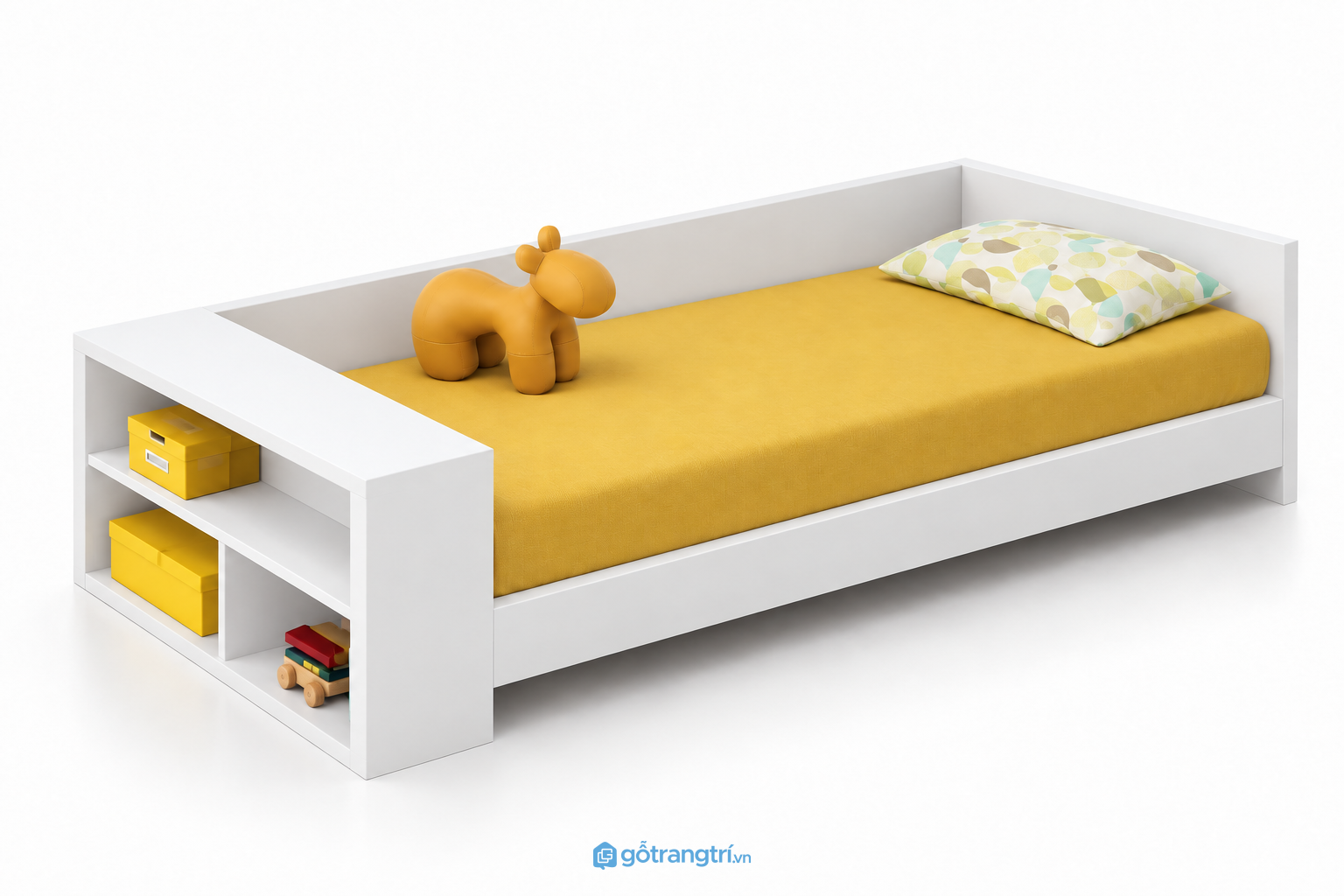 Giường ngủ cho bé màu trắng có kệ GHS-9072 - Giường lọt nệm 1m2x2m - Màu trắng - GHS-9072A