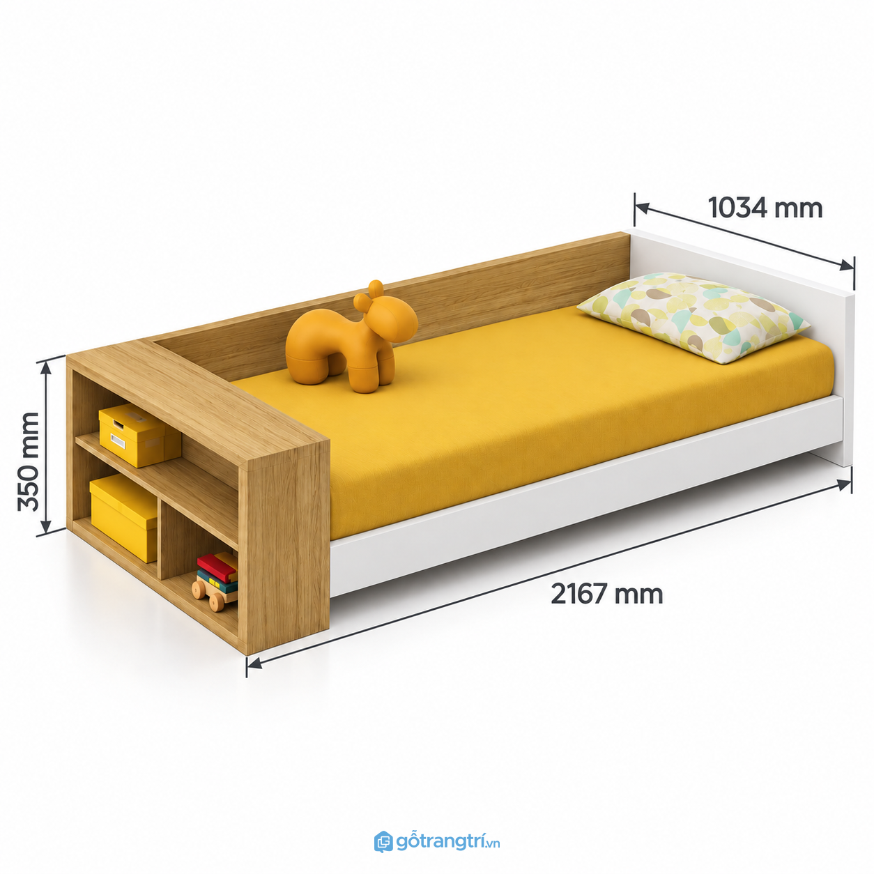 Giường ngủ cho bé màu trắng có kệ tiện dụng, hiện đại
